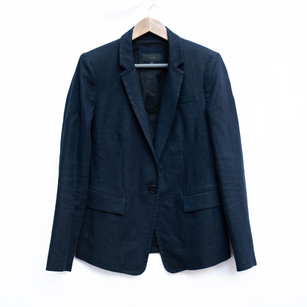 J Crew Regent Blazer Womens 6 100% Linen Navy Blue Jacket Academia Preppy Career